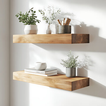 Modern floating shelves with decorative accents against a white wall.