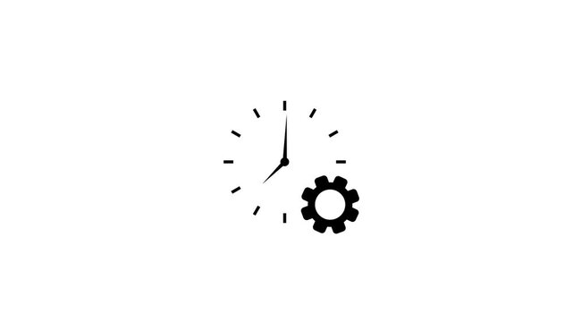 Clock and gear icon animation, time management and efficiency concept, cogwheel with clock face on white background. Clock symbol animation with rotating gear wheels for settings, time management.