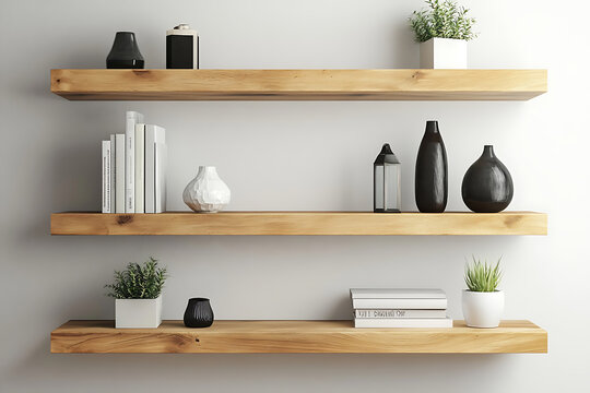 Modern floating shelves decorated with plants and decorative objects.