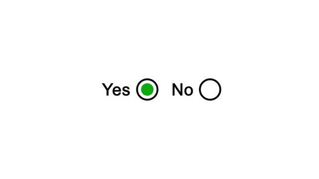 Animated yes and no buttons option selection with green and red dot on clean white background.Yes in green and no in red buttons for decision making tools.