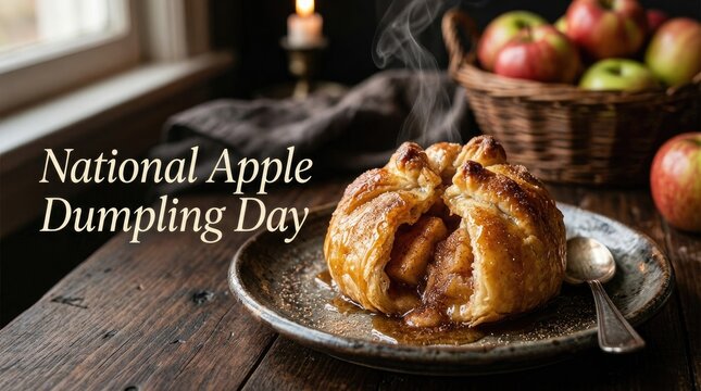 Steaming fresh apple dumpling on a rustic wooden table for national apple dumpling day
