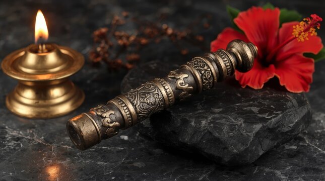 Elegant ritual ceremonial mace with intricate engravings beside vibrant flower