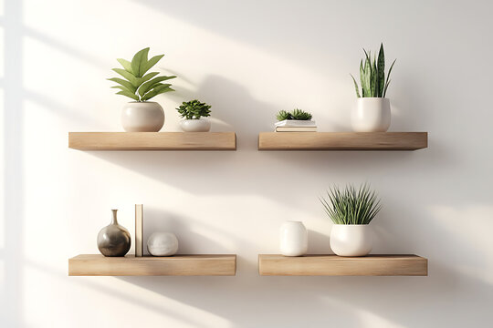 Modern living room featuring floating shelves and potted greenery.