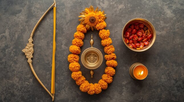 Sacred ritual flat lay with brass bow gada decorative flower garland spiral diya candle