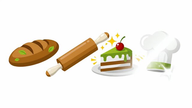 Pixel art bakery icons including bread, rolling pin, cake slice, chef hat, baking, food, dessert, cooking