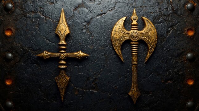 Intricate golden ritual spear and battle axe on dark textured stone background