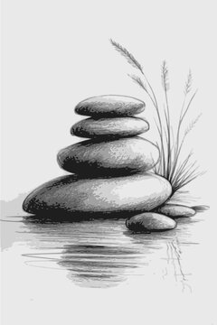 Zen stone stack vector illustration with water reflection and grass zen stones balancing stones rock stack