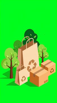 eco friendly packaging with trees and recycling symbols, sustainable shopping and delivery