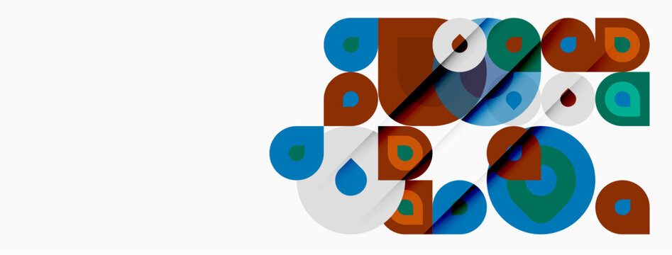 Abstract geometric shapes overlap, creating colorful composition. Circles, squares, rounded rectangles dominate design. Minimalist aesthetic.