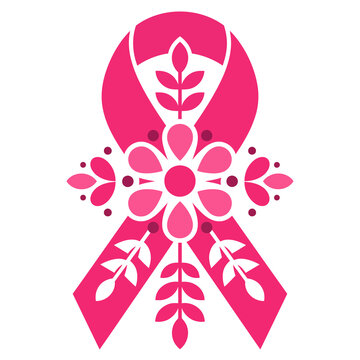 Pink ribbon with snowflakes floral pattern vector illustration for breast cancer awareness month campaign badge