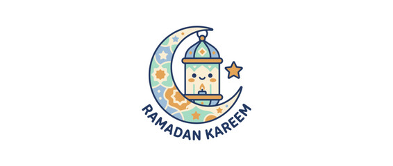 Naklejka premium Cute Ramadan Kareem Lantern Moon Star Greeting Card Design