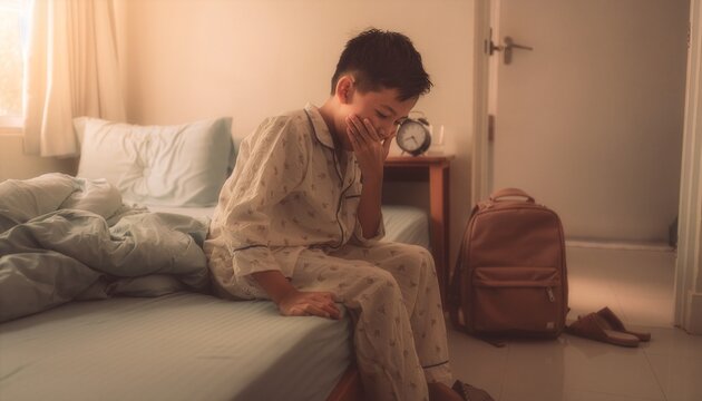 Sleepy child sitting beside a messy bed on the first morning back to school after an extended vacation.