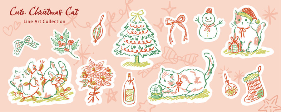 Cute hand-painted doodle-style Christmas line art collection featuring a cute cat, Christmas trees, and festive Christmas motifs for banners, stationery, greeting cards, and seasonal designs.