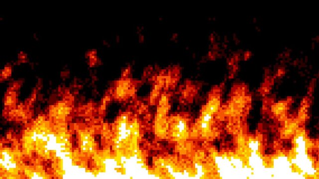 Pixelated digital fire animation against black background