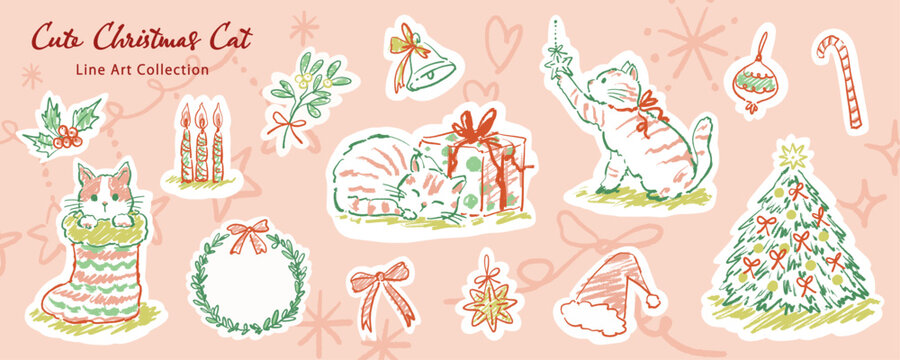 Cute hand-painted doodle-style Christmas line art collection featuring a cute cat, Christmas trees, and festive Christmas motifs for banners, stationery, greeting cards, and seasonal designs.