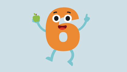 Fototapeta premium Friendly orange number six cartoon character holding a green apple and pointing up against a light blue background.