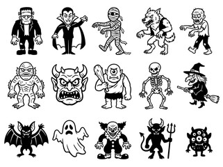 Obraz premium Set of 15 Halloween Monster Character Icons Creepy Spooky Vector Line Art Black and White Illustration