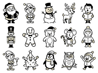 Obraz premium Collection of 15 cute Christmas cartoon characters and winter animals in black line art style
