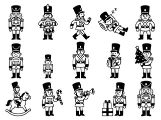 Fototapeta premium Nutcracker soldier character icons set in black and white line art for Christmas holiday design.