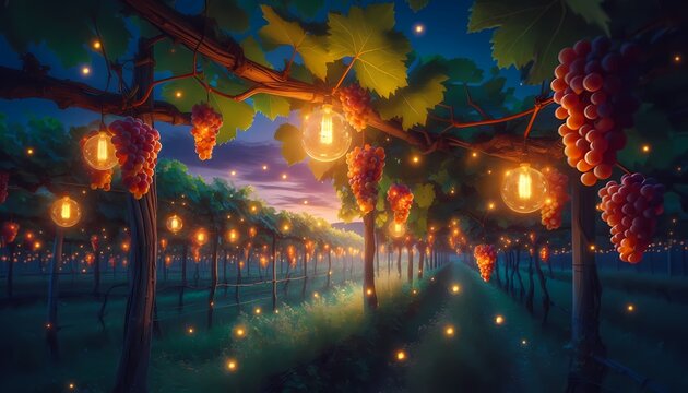 A vineyard with grapes that glow like tiny light bulbs, Ai generated image