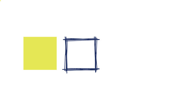 Solid bright yellow square positioned next to a dark blue hand drawn sketchy square frame outline on a plain white background.