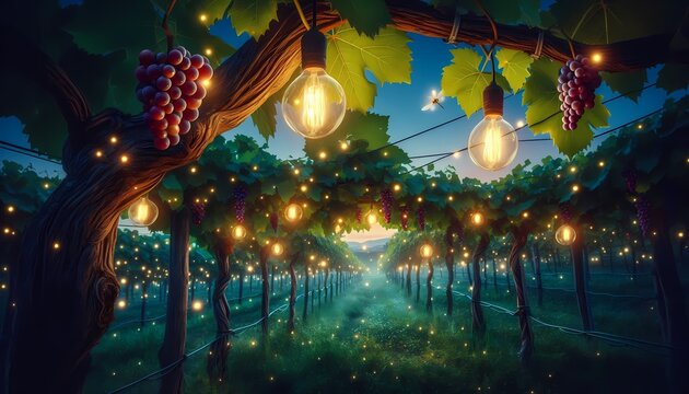 A vineyard with grapes that glow like tiny light bulbs, Ai generated image