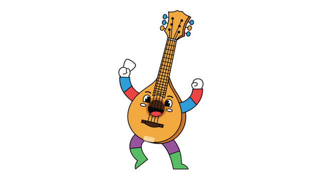 Cute cartoon mandolin character with a happy face, arms, and legs dancing enthusiastically isolated on a clean white background.