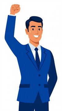 Animated businessman in a blue suit raises fist in victory, celebrating success, motivation, and achievement