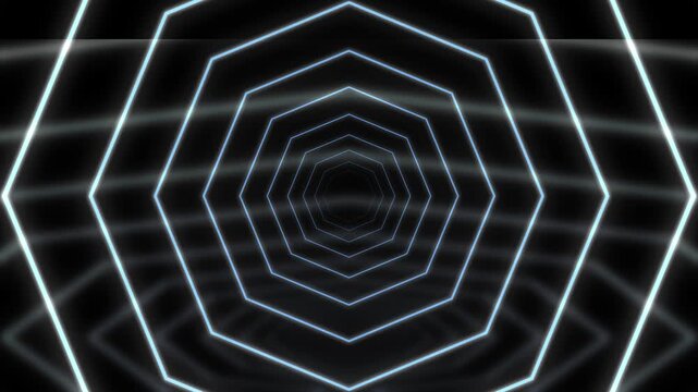 Octagonal tunnel geometric pattern moving forward in darkness with reflective floor light