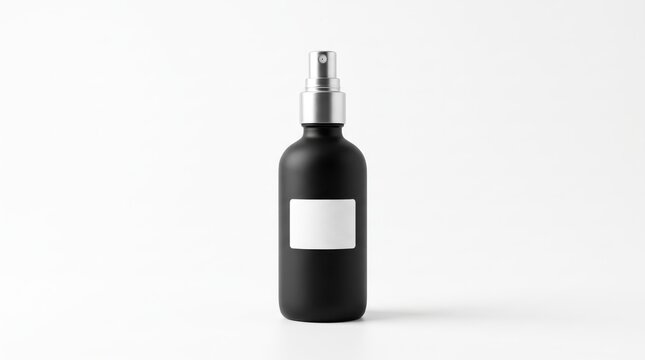 Black matte spray bottle mockup with blank white label, minimalist cosmetic packaging design template, luxury perfume or cologne container, aerosol canister product photography
