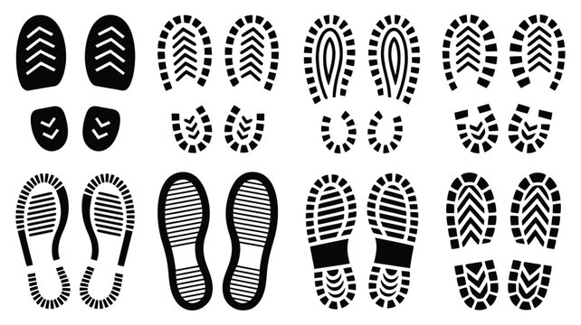 Boot shoe print footprint silhouette collection, detailed boot sole patterns, athletic sneaker treads, work boot tracks, vector illustration, isolated