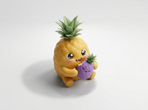 Cute cartoon pineapple character holding small purple fruit isolated on white background for food brand design and digital art.