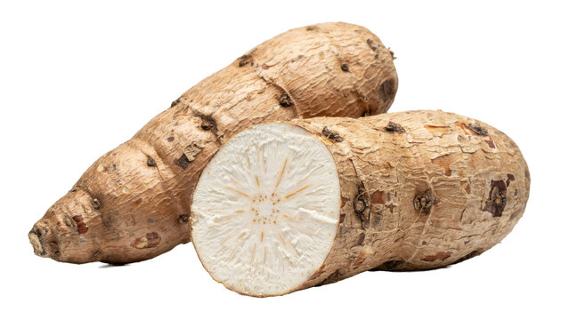 Whole and sliced raw cassava root with brown textured skin and white starchy interior flesh isolated on a transparent background