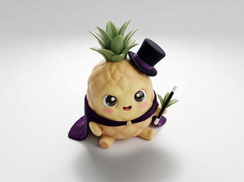 Cute cartoon pineapple magician character with purple cape and top hat holding magic wand isolated on white studio background.
