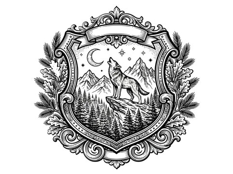 Vintage engraving of a howling wolf on a mountain cliff under a moonlit sky in a decorative crest.