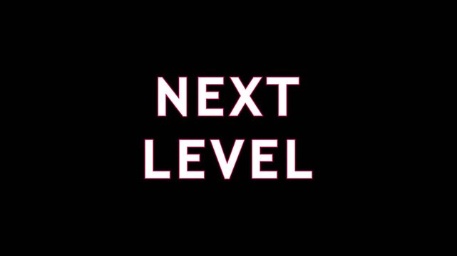 Text 'Next Level' appearing sequentially in clean dark studio with subtle pink highlight for business growth concept