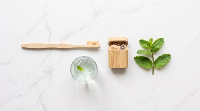 Eco-friendly bamboo toothbrush and natural oral care items arranged on white marble surface, sustainable hygiene products, zero waste bathroom essentials, plastic-free alternative