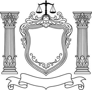 Legal Crest Emblem with Scale of Justice Corinthian Columns and Blank Banner Vector Illustration