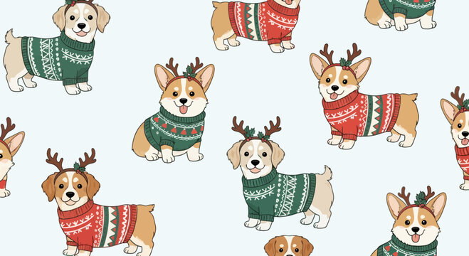 Cute corgi dogs wearing christmas sweaters and reindeer antlers