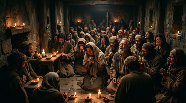 The early church gathered in secret, praying fervently by candlelight while Peter is locked in King Herod's prison
