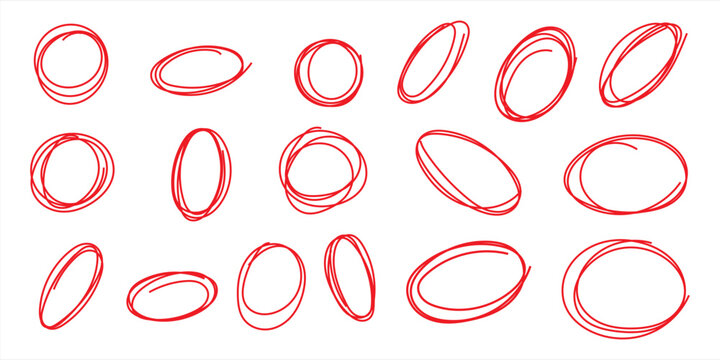 Hand drawn red scribble circle and oval outline collection for scrapbook, journal and creative annotation