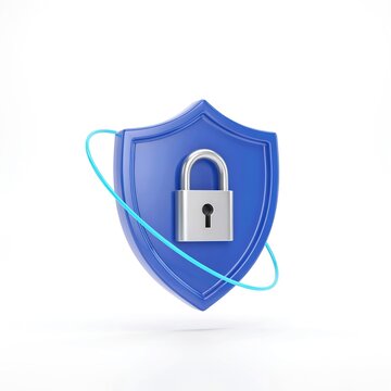 3D blue shield icon with a padlock for network protection and cyber security
