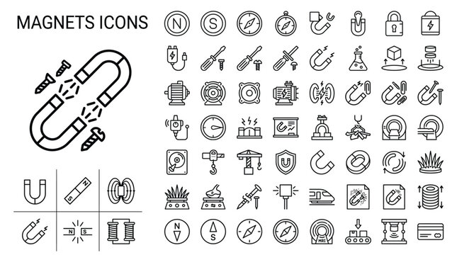 Set of 60 magnet icons for science and industrial applications