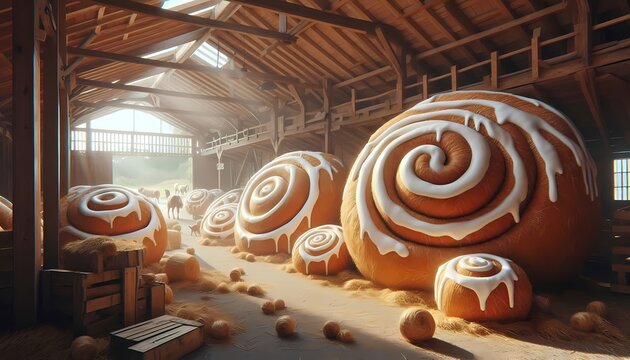A barn with hay bales that are actually giant cinnamon rolls, Ai generated image