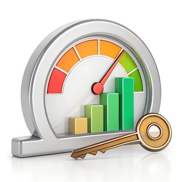 3D key performance indicator gauge with rising bar chart and golden key concept