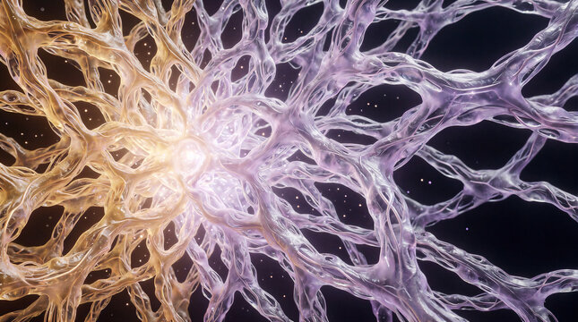 Fused mycelium networks featuring crystalline hyphae and fiber optic nutrient flows meeting against dark background
