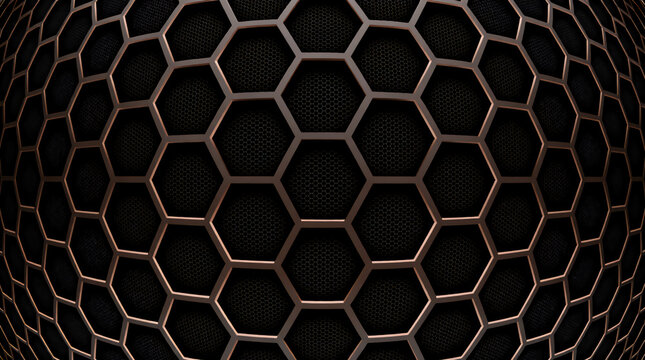 A curved, futuristic 3D background featuring a geometric bronze honeycomb lattice grid over a textured black mesh surface.