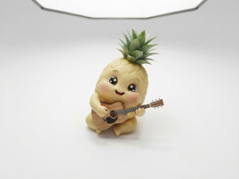 Cute pineapple character playing acoustic guitar on white background for musical education and children entertainment projects.