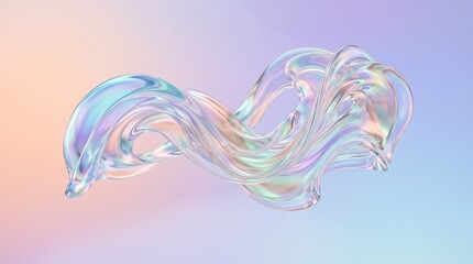 Fototapeta premium Abstract Iridescent Flowing Glass Wave Shape with Soft Pastel Gradient Background for Creative Design Projects