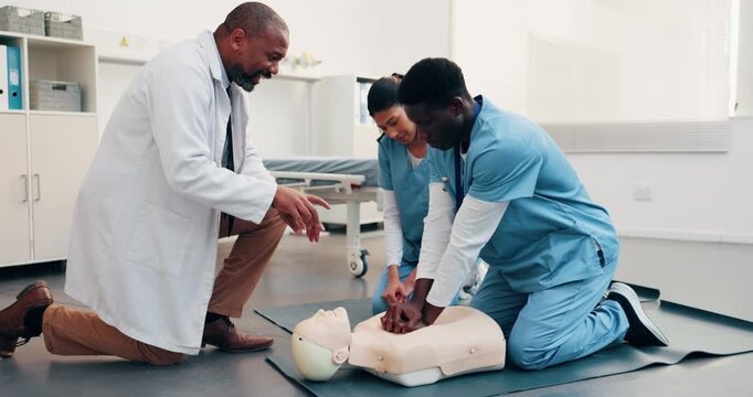 Medical, team and mannequin in clinic for cpr training, chest compression and technique in nursing. People, physician and nurses with dummy for life saving procedure, clinical simulation or education
